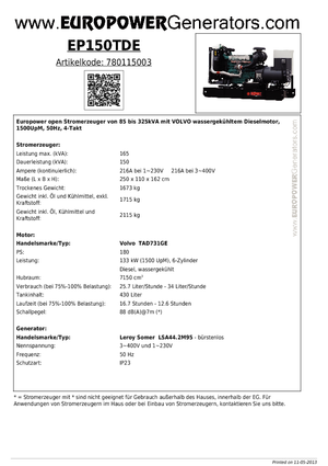 Diesel Generatoren Europower EP150TDE (LS)