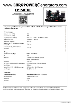 Diesel Generatoren Europower EP150TDE (MA)