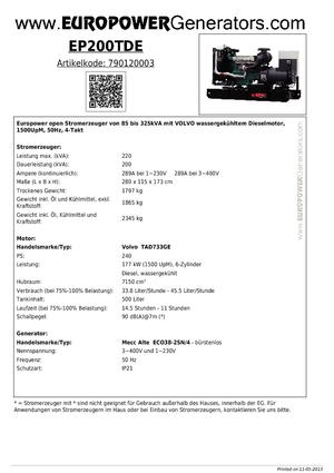Diesel Generatoren Europower EP200TDE (MA)