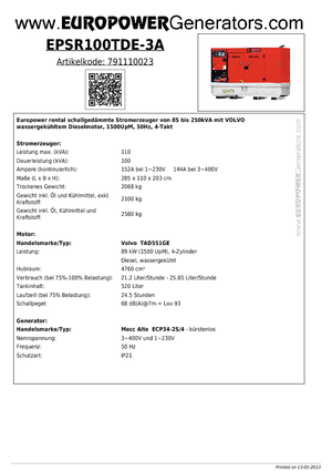 Diesel Generatoren Europower EPSR100TDE-3A (MA)