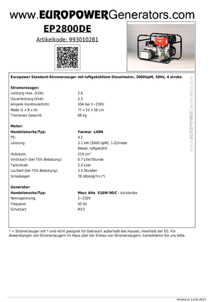 Diesel Generatoren Europower EP2800DE (MA)