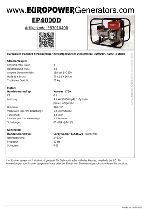 Diesel Generatoren Europower EP 4000 D (LS)