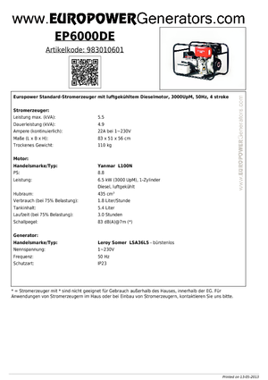 Diesel Generatoren Europower EP 6000 DE (LS)