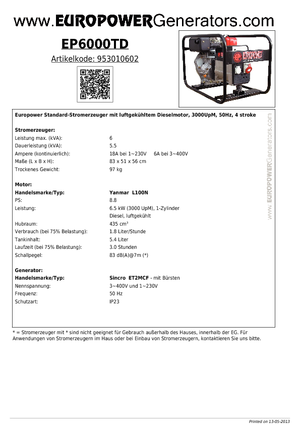 Diesel Generatoren Europower EP6000TD (S)
