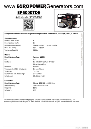 Diesel Generatoren Europower EP6000TDE (S)