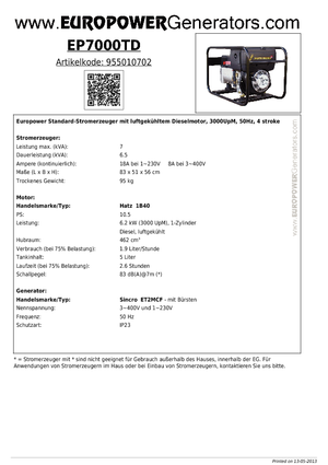 Diesel Generatoren Europower EP7000TD (S)