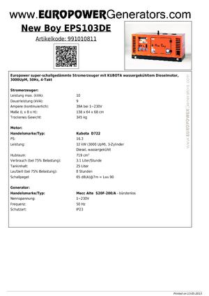 Diesel Generatoren Europower New Boy EPS103DE (MA)