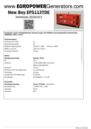 Diesel Generatoren Europower New Boy EPS113TDE (S)