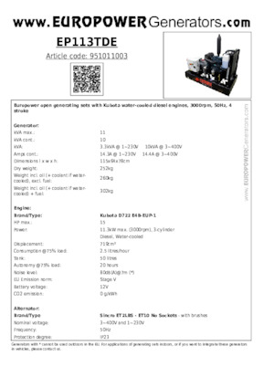 Diesel Generatoren Europower EP113TDE (S)