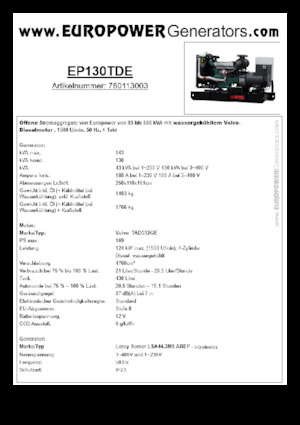 Diesel Generatoren Europower EP130TDE (LS)