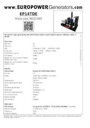 Diesel Generatoren Europower EP14TDE (LS)