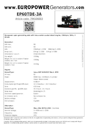 Diesel Generatoren Europower EP60TDE-3A (MA)