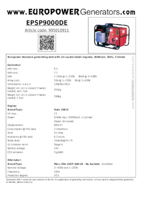 Diesel Generatoren Europower EPSP9000DE (MA)