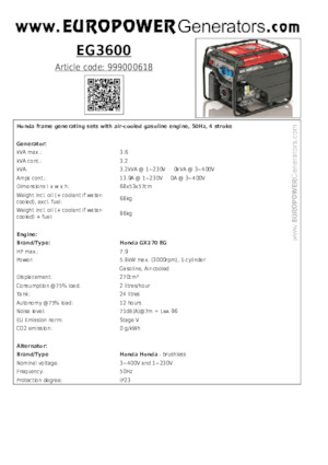 Benzine Generatoren Europower EG3600