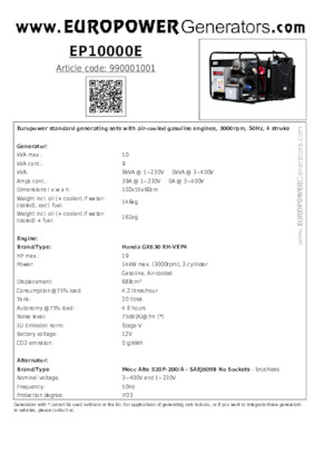 Benzine Generatoren Europower EP10000E (MA)
