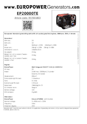 Benzine Generatoren Europower EP20000TE (S)