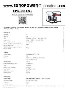 Benzine Generatoren Europower EP4100-EN1 (S)