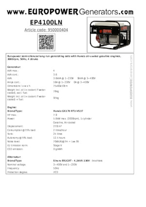 Benzine Generatoren Europower EP4100LN (S)