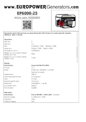 Benzine Generatoren Europower EP6000-25 (S)
