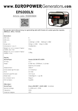 Benzine Generatoren Europower EP6000LN (S)