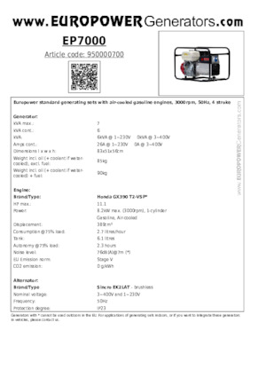 Benzine Generatoren Europower EP7000 (S)