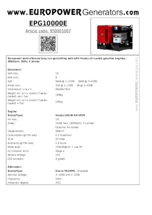 Benzine Generatoren Europower EPG10000E (S)