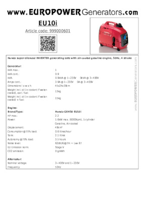 Benzine Generatoren Europower EU10i