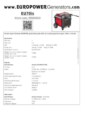 Benzine Generatoren Europower EU70is