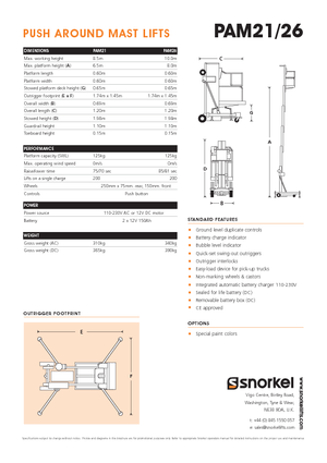Enkele mast verticale hoogwerkers Snorkel PAM26AC