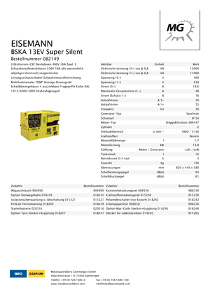 Benzine Generatoren Eisemann BSKA 13 EV