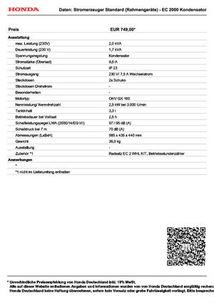 Benzine Generatoren Honda EC 2000