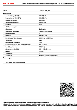 Benzine Generatoren Honda ECT 7000