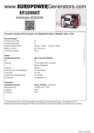 Benzine Generatoren Europower EP10000T (S)