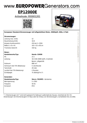 Benzine Generatoren Europower EP12000E (S)