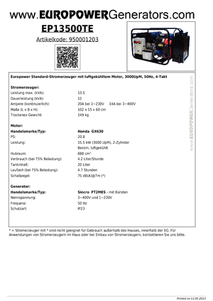 Benzine Generatoren Europower EP13500TE (S)