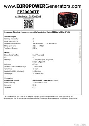 Benzine Generatoren Europower EP 20000 TE-AVR