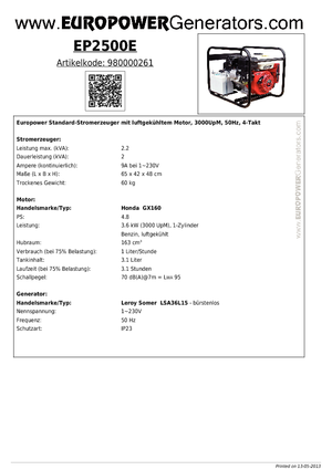 Benzine Generatoren Europower EP 2500 E (LS)