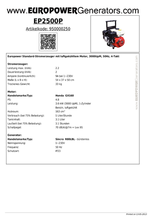 Benzine Generatoren Europower EP2500P (S)