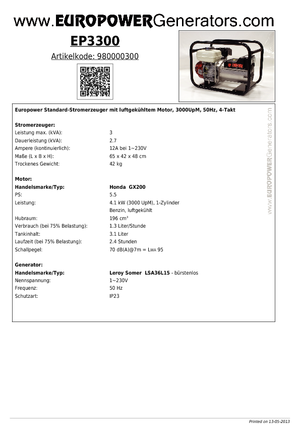 Benzine Generatoren Europower EP 3300 (LS)