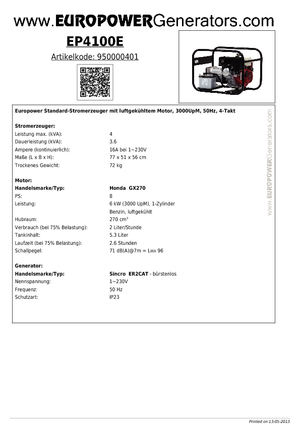 Benzine Generatoren Europower EP4100E (S)