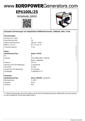 Benzine Generatoren Europower EP 4100 L