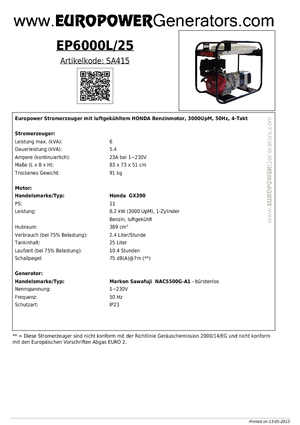 Benzine Generatoren Europower EP 6000 L / 25