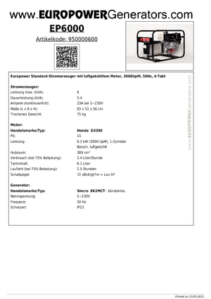 Benzine Generatoren Europower EP6000 (S)
