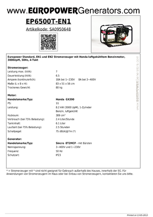 Benzine Generatoren Europower EP6500T-EN1 (S)