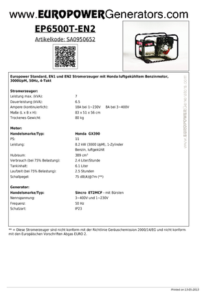 Benzine Generatoren Europower EP 6500 T-EN2 (S)