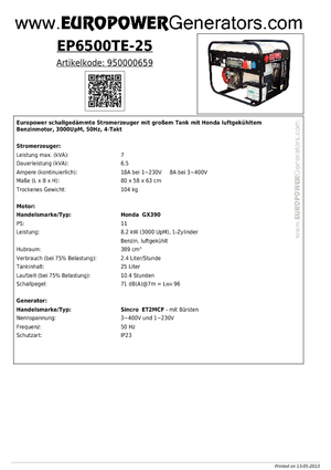 Benzine Generatoren Europower EP6500TE-25 (S)