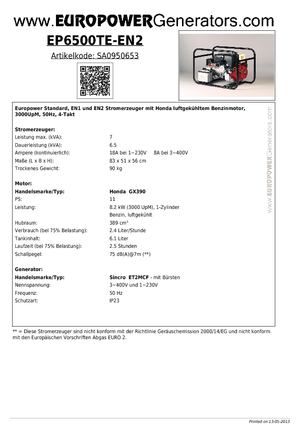 Benzine Generatoren Europower EP6500TE-EN2 (S)