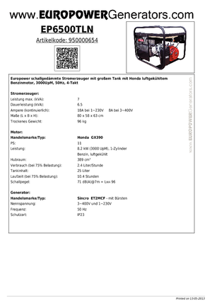 Benzine Generatoren Europower EP6500TLN (S)