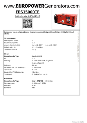 Benzine Generatoren Europower EPS15000TE (S)