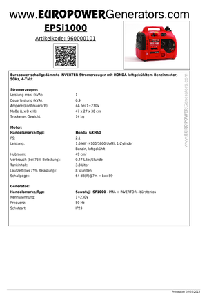 Benzine Generatoren Europower EPSi1000 (Sa)